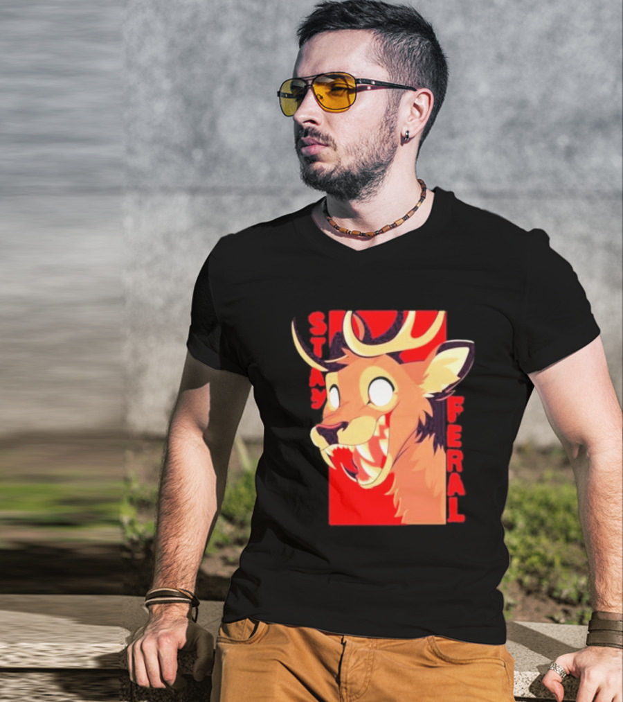 Stay Feral Toothy Deer Wild Expression Monochrome Cartoon T-Shirt