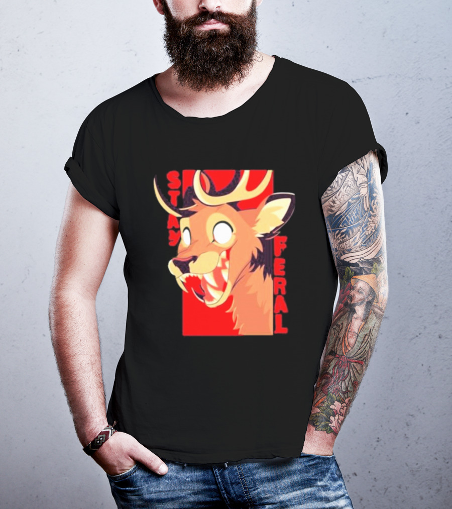 Stay Feral Toothy Deer Wild Expression Monochrome Cartoon T-Shirt