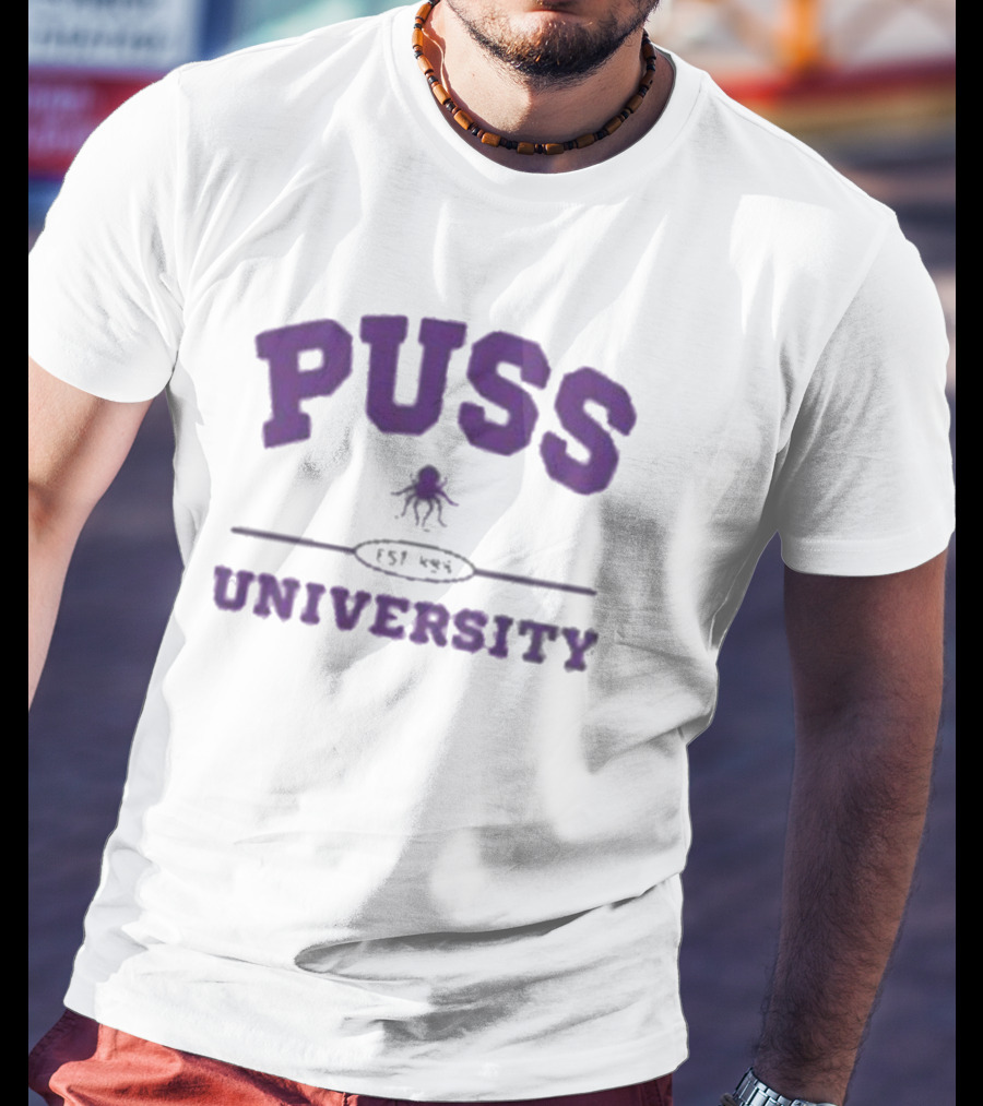 Puss University Est 888 Purple Logo Design With Octopus T-Shirt