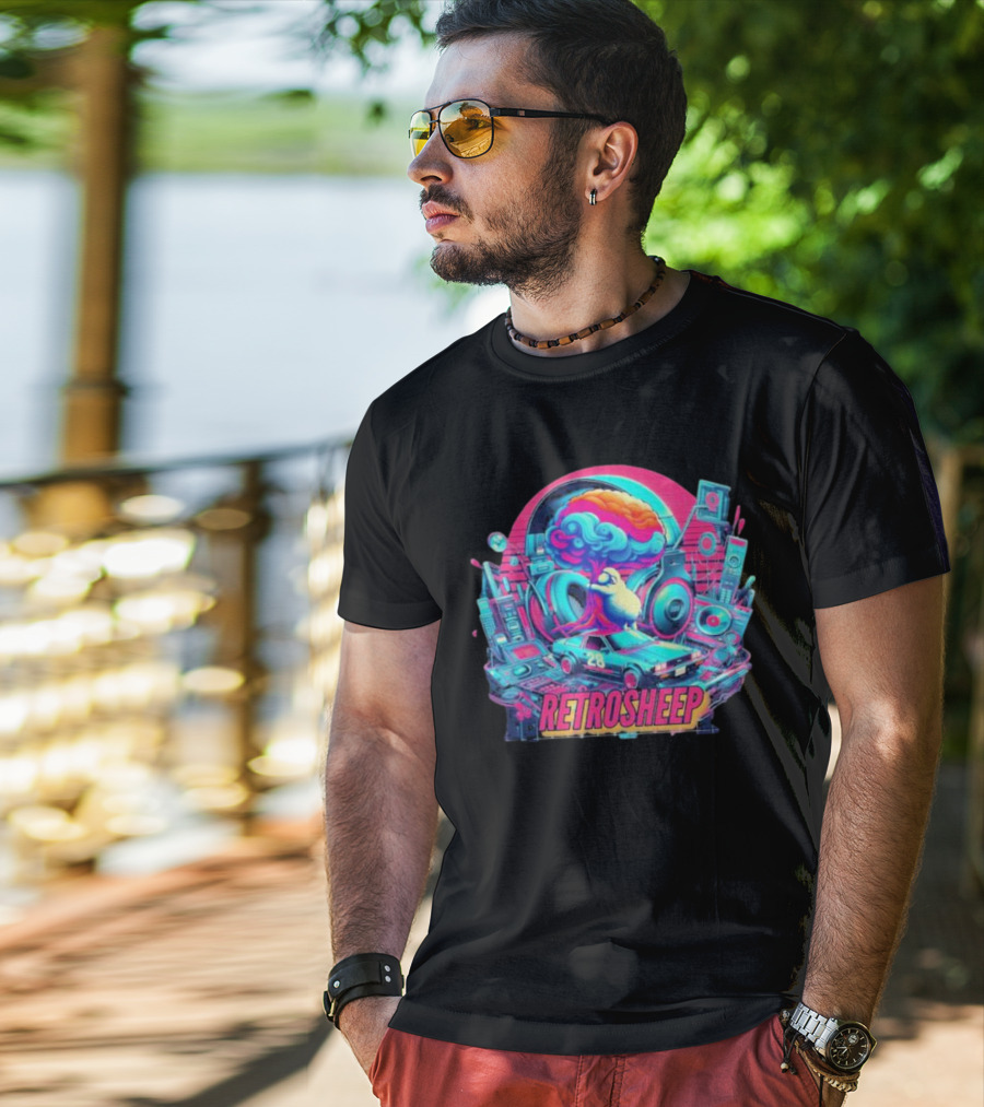 Retrosheep Neon Music Explosion With Retro Cars And Speakers T-Shirt
