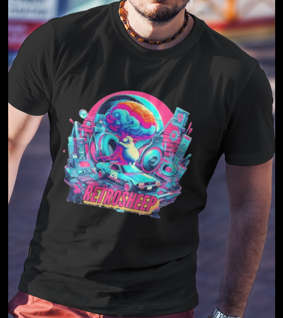 Retrosheep Neon Music Explosion With Retro Cars And Speakers T-Shirt