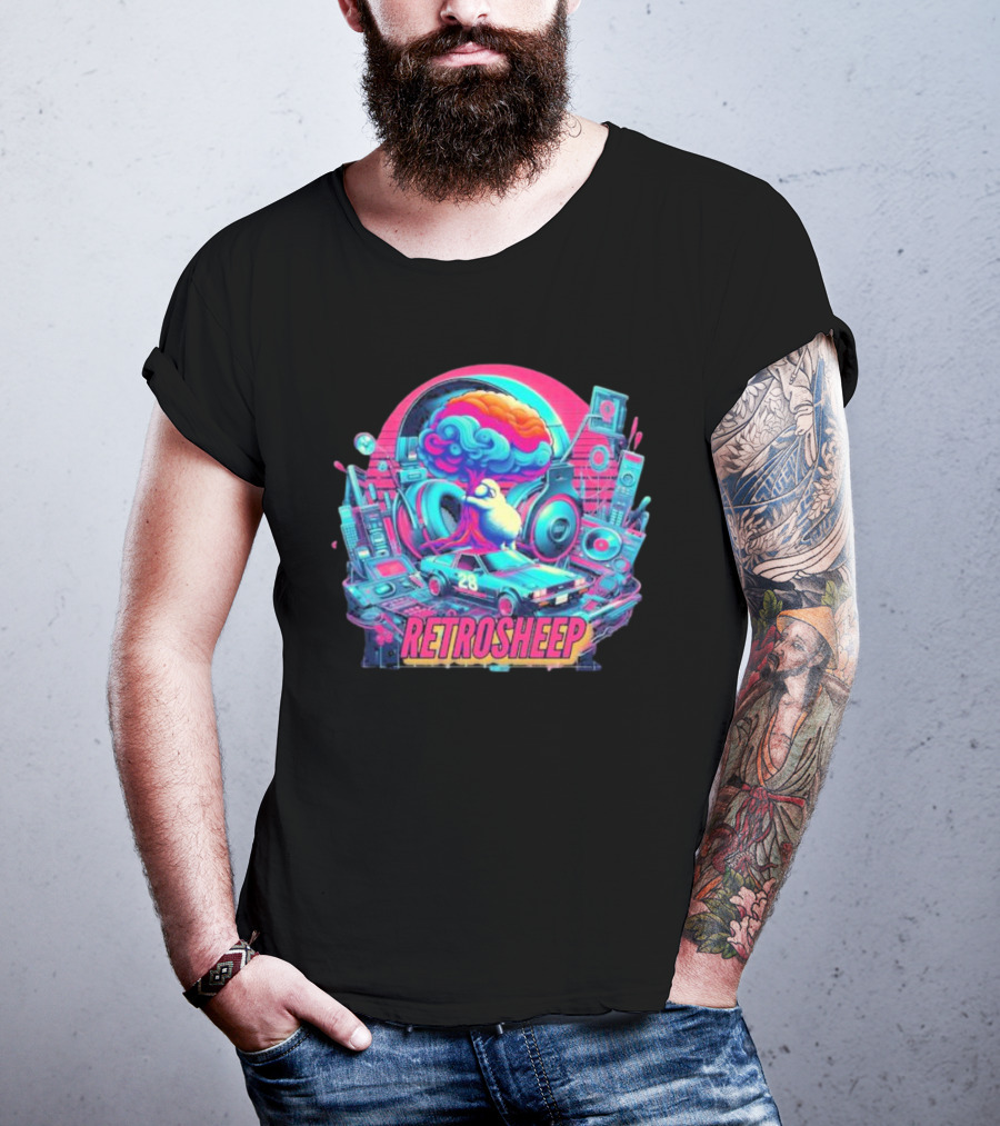 Retrosheep Neon Music Explosion With Retro Cars And Speakers T-Shirt