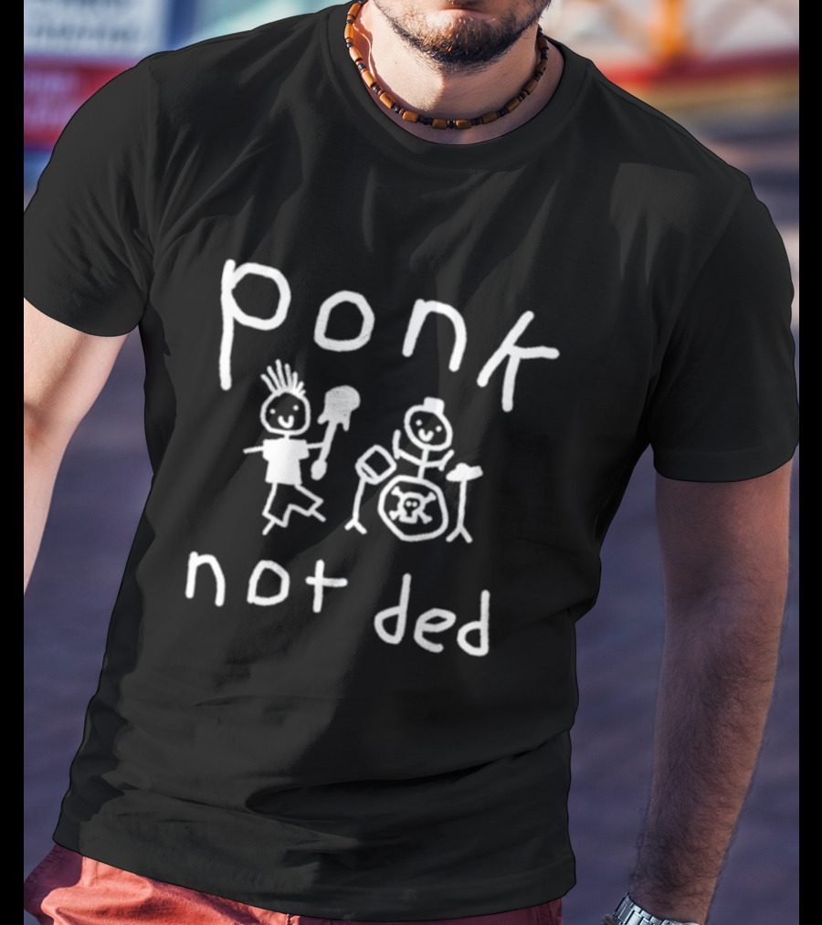 Ponk Not Ded Stick Figure Band Drummer And Guitarist Sketch T-Shirt