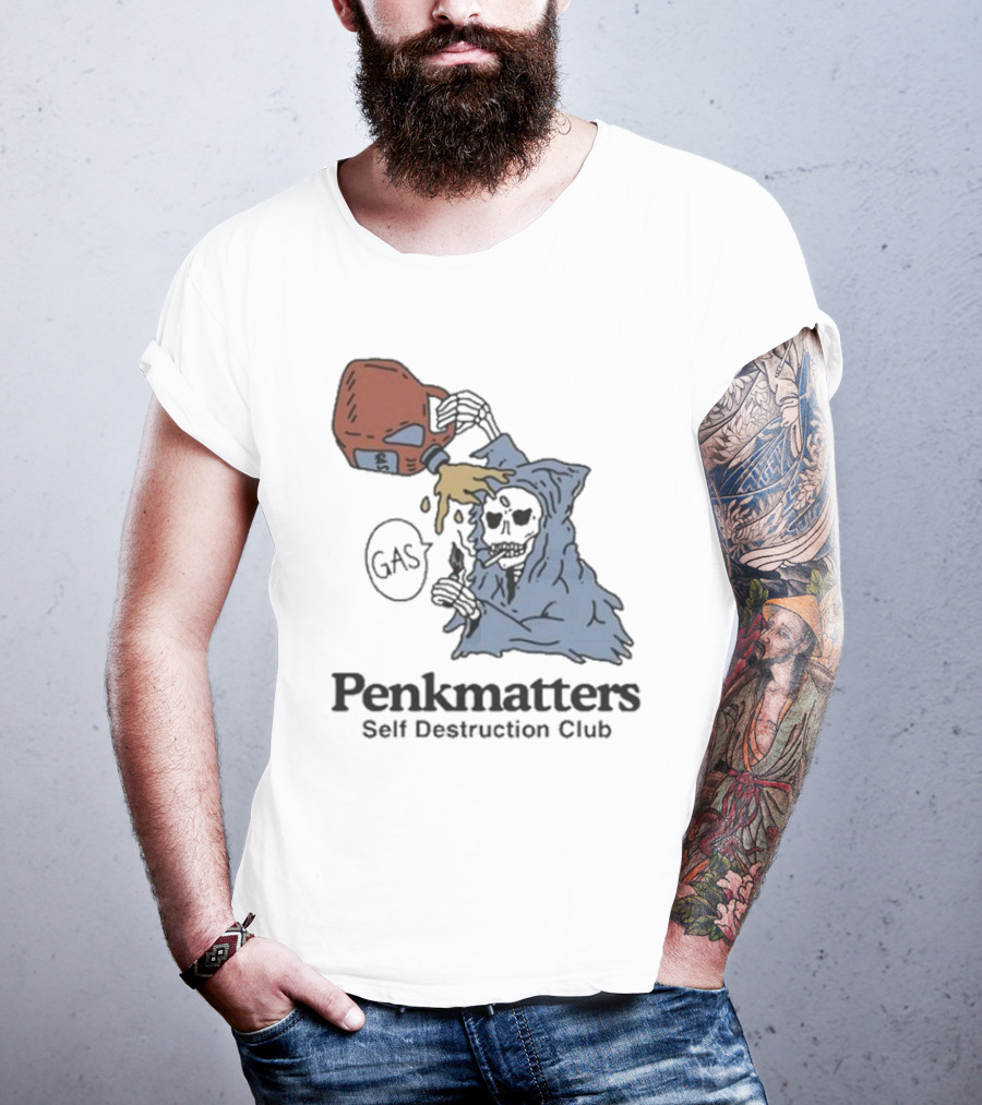 Penkmatters Self Destruction Club Gas Can Pouring On Hooded Figure T-Shirt