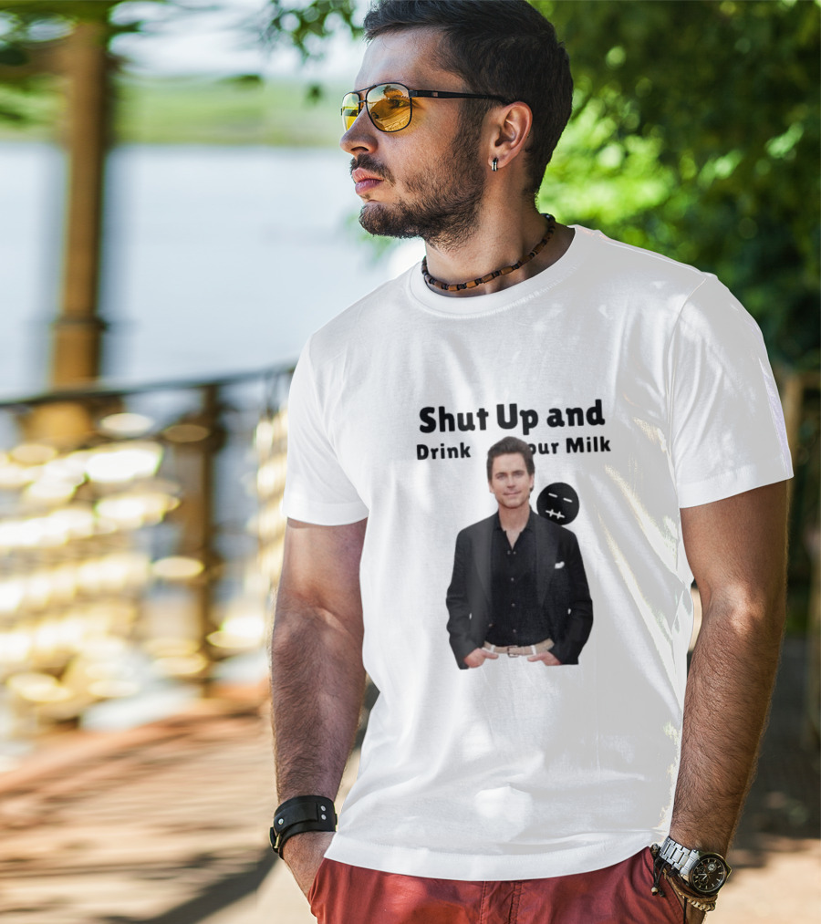 Shut Up And Drink Your Milk With Smiling Man In Black Suit T-Shirt