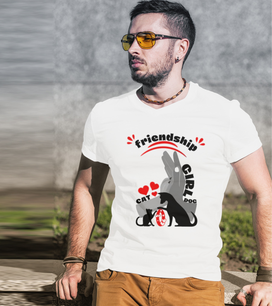 Friendship Girl Cat Dog Pet Pal Hearts T-Shirt