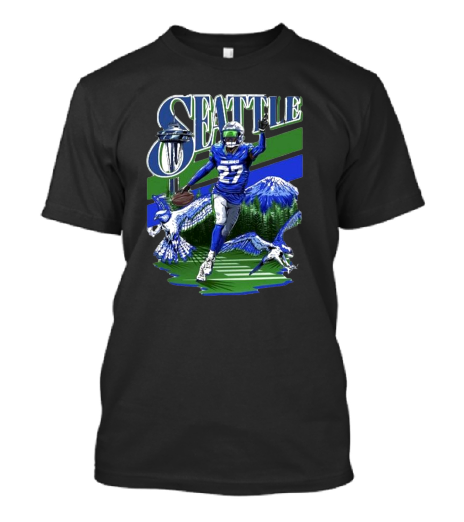 Seattle Seahawks Tariq Woolen Number 27 With Space Needle And Mountain Background T-Shirt