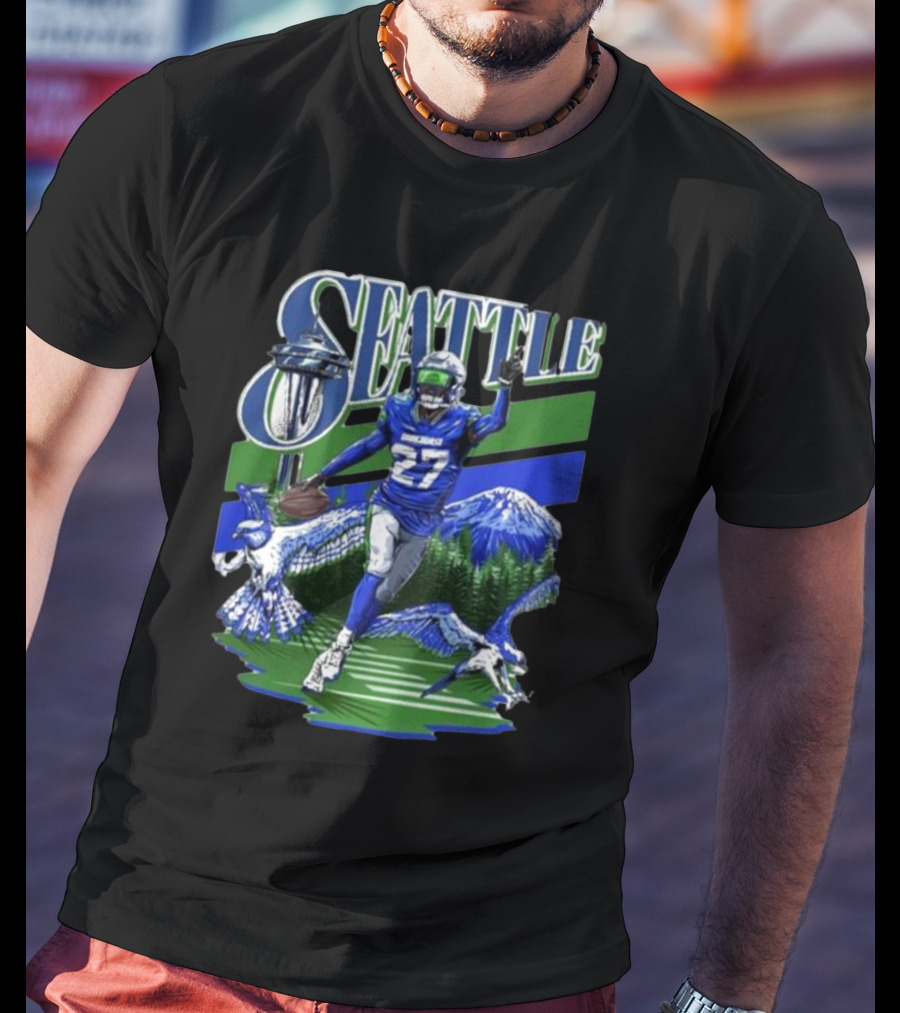Seattle Seahawks Tariq Woolen Number 27 With Space Needle And Mountain Background T-Shirt