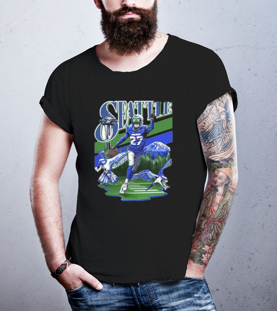 Seattle Seahawks Tariq Woolen Number 27 With Space Needle And Mountain Background T-Shirt