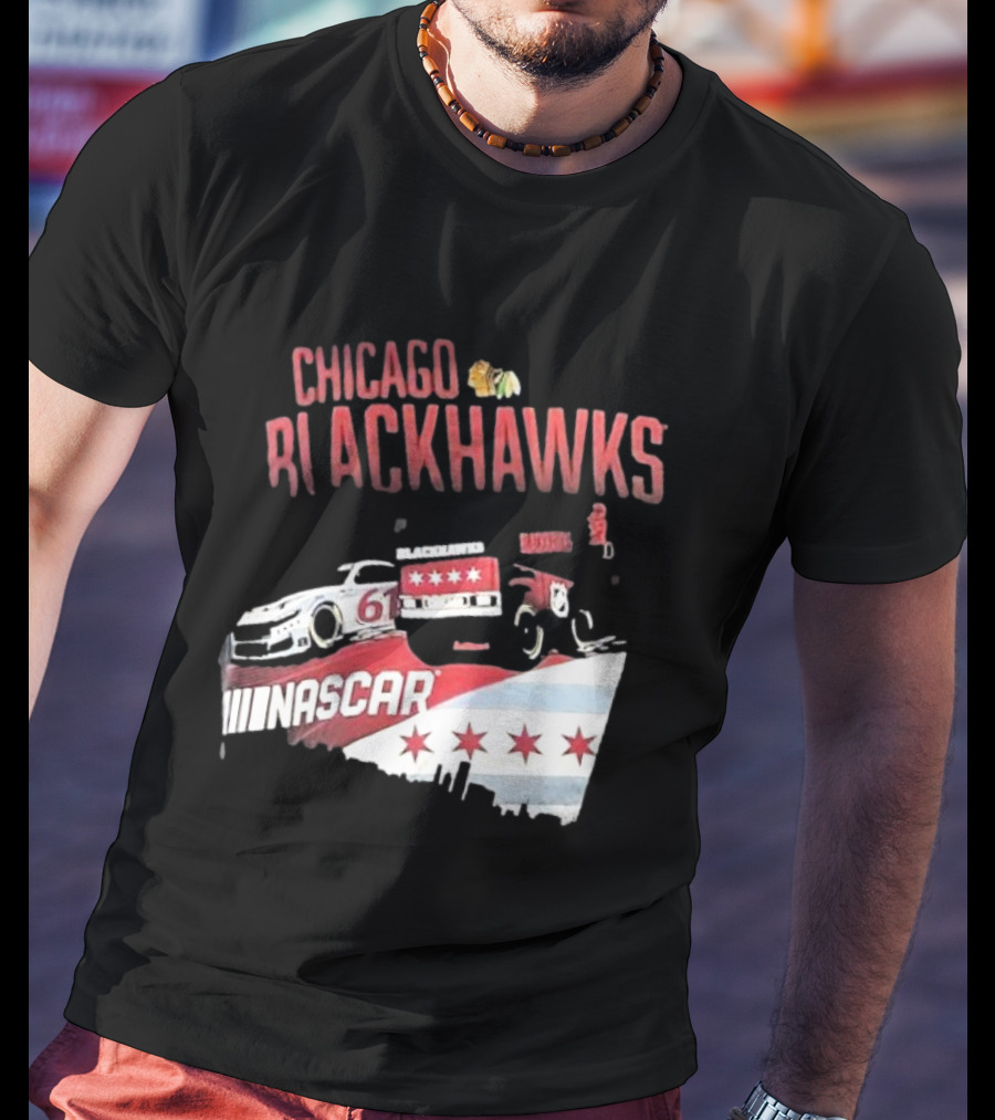 Chicago Blackhawks NASCAR Racing Car With City Skyline And Number 61 T-Shirt