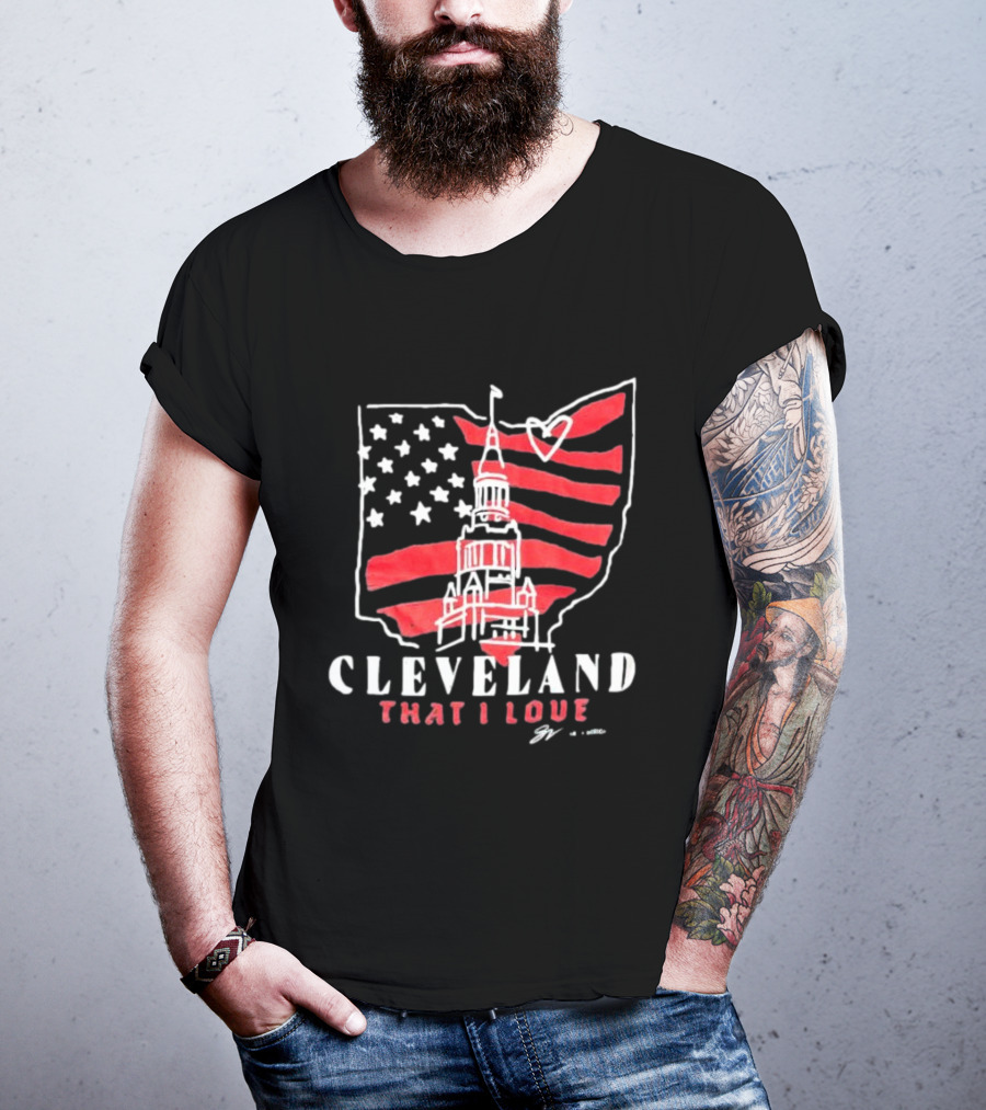 Cleveland That I Love American Flag Tower Ohio Heart Stars Stripes T-Shirt