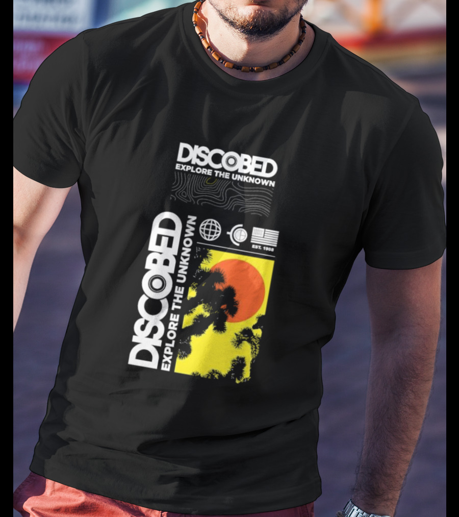 Discobed Explore The Unknown Global Exploration Est 1988 Sun Images With Iconic Nature Scene T-Shirt