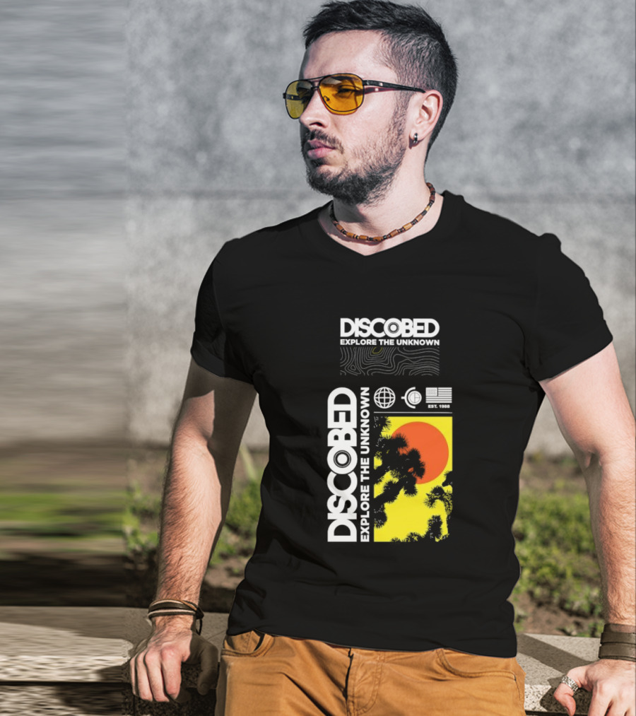 Discobed Explore The Unknown Global Exploration Est 1988 Sun Images With Iconic Nature Scene T-Shirt