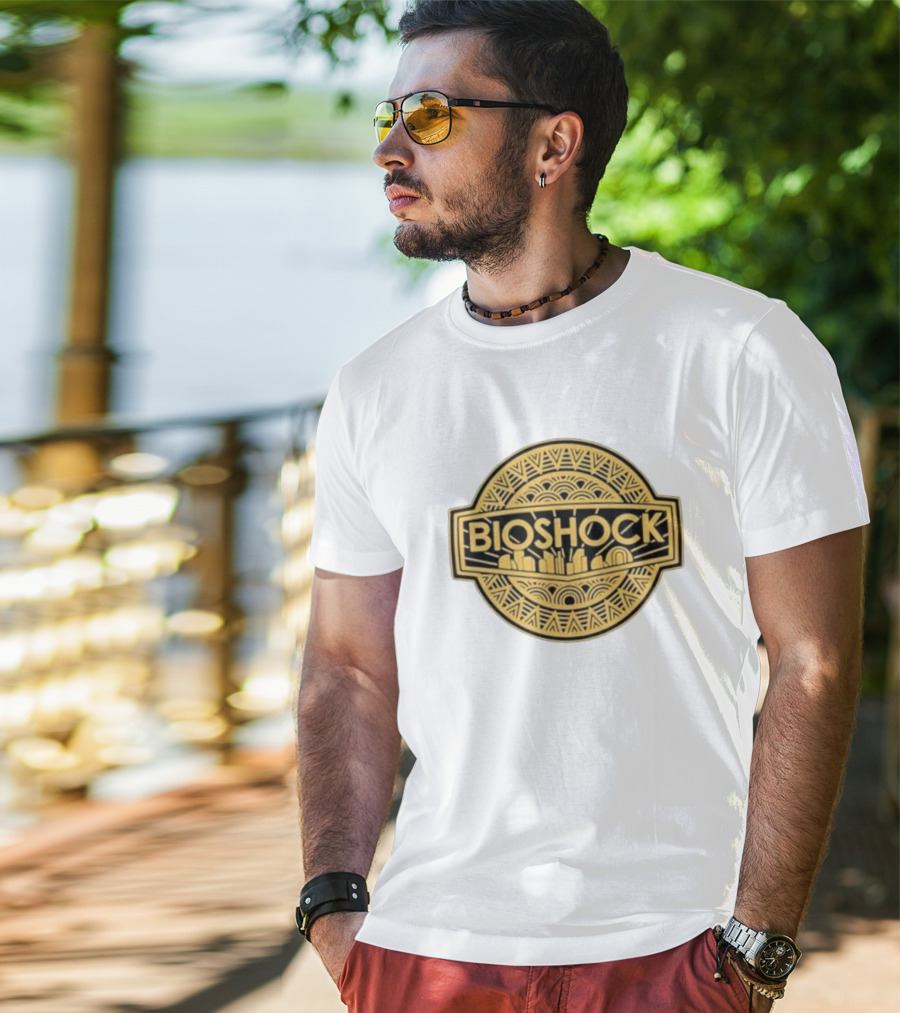 Bioshock Art Deco Golden Emblem With Cityscape T-Shirt