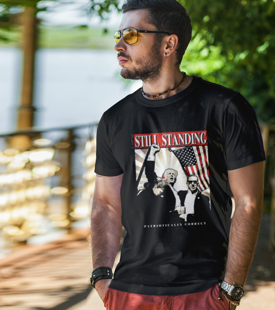 Still Standing Patriotically Correct Zeek Arkham American Flag Leadership T-Shirt