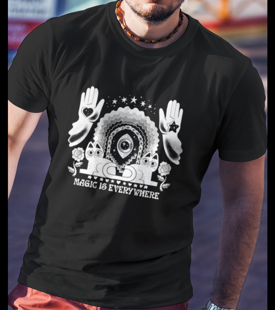 Magic Is Everywhere Witch Cat Stars Hands Flowers Pinkgabbercat T-Shirt