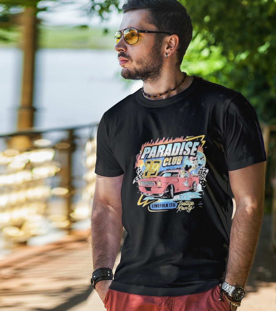 Paradise Club 19 Livefolk Ltd Vintage Racing Skeleton Racer Car Checkered Flags T-Shirt