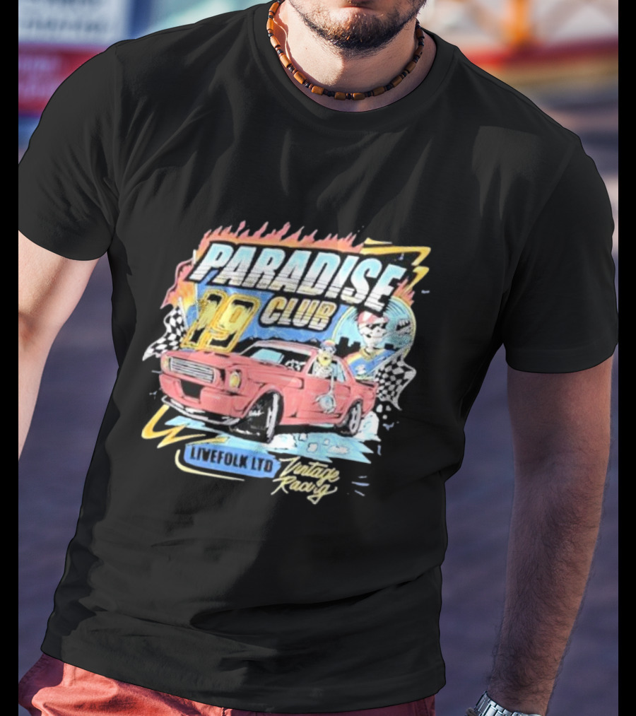 Paradise Club 19 Livefolk Ltd Vintage Racing Skeleton Racer Car Checkered Flags T-Shirt