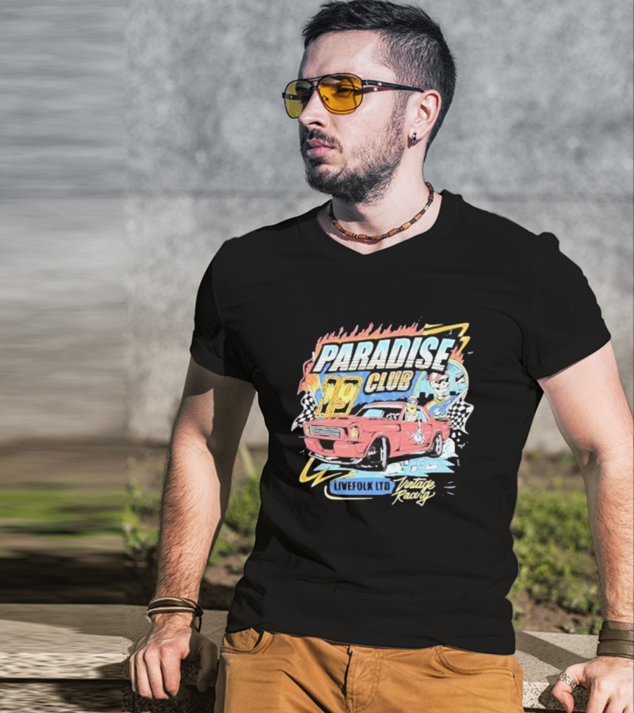 Paradise Club 19 Livefolk Ltd Vintage Racing Skeleton Racer Car Checkered Flags T-Shirt