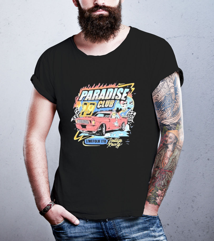 Paradise Club 19 Livefolk Ltd Vintage Racing Skeleton Racer Car Checkered Flags T-Shirt
