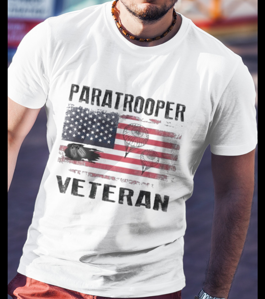 Paratrooper Veteran US Flag Tribute With Airborne T-Shirt