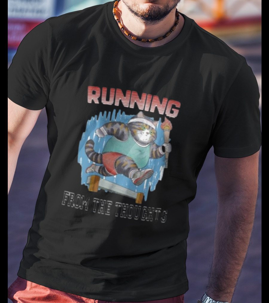 Running From The Thoughts Cat With Torch And Hurdle T-Shirt