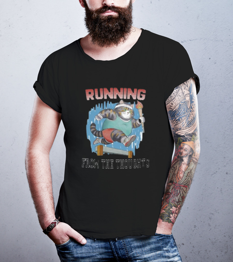 Running From The Thoughts Cat With Torch And Hurdle T-Shirt