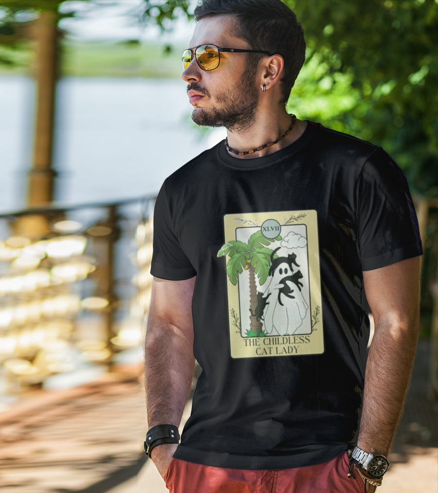 XLVII The Childless Cat Lady Ghost Black Cat Coconut Tree T-Shirt