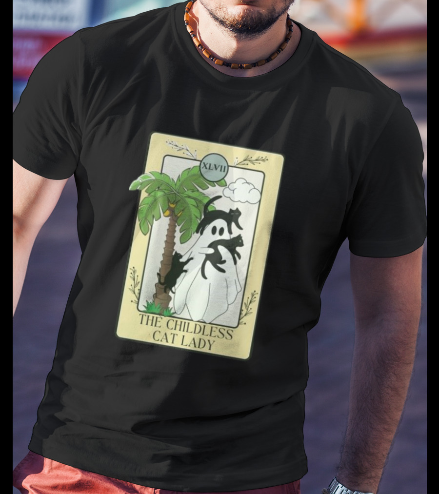 XLVII The Childless Cat Lady Ghost Black Cat Coconut Tree T-Shirt