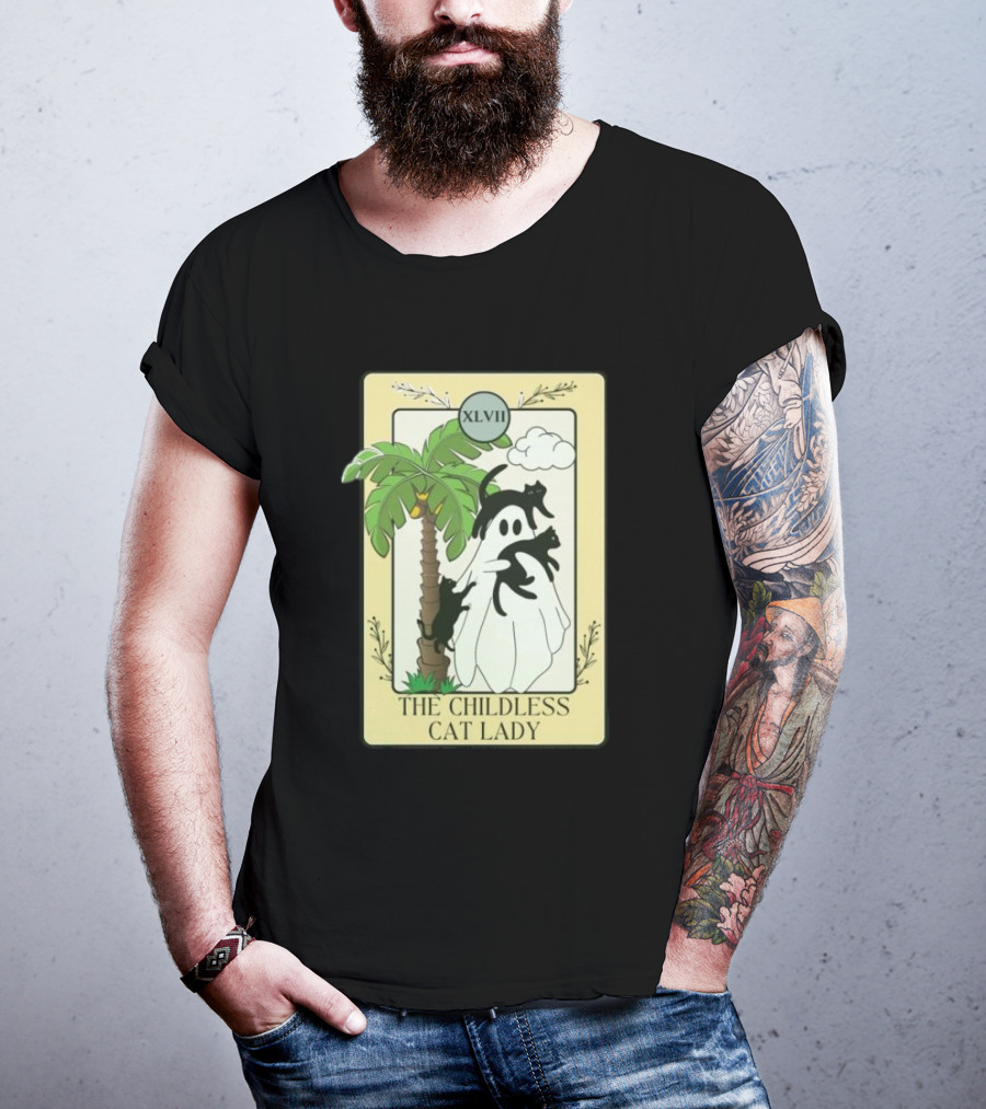 XLVII The Childless Cat Lady Ghost Black Cat Coconut Tree T-Shirt