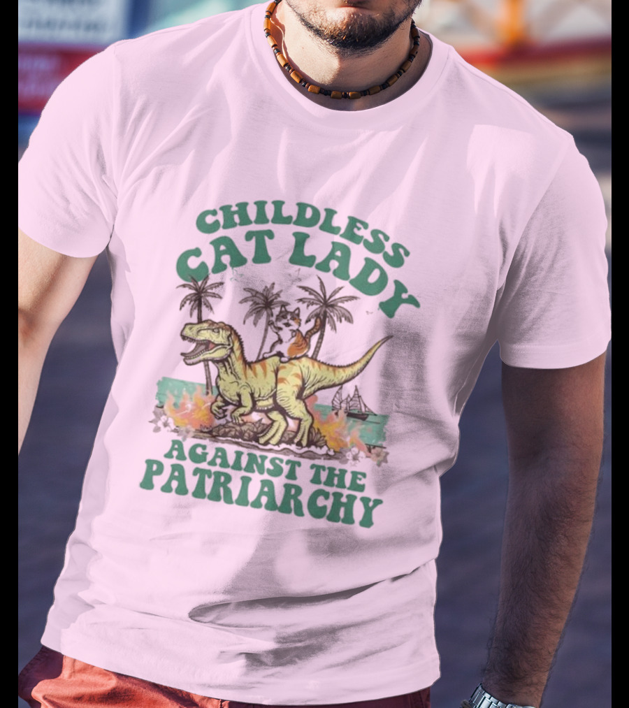 Childless Cat Lady Riding Dinosaur Against The Patriarchy With Flaming Coconut Trees T-Shirt