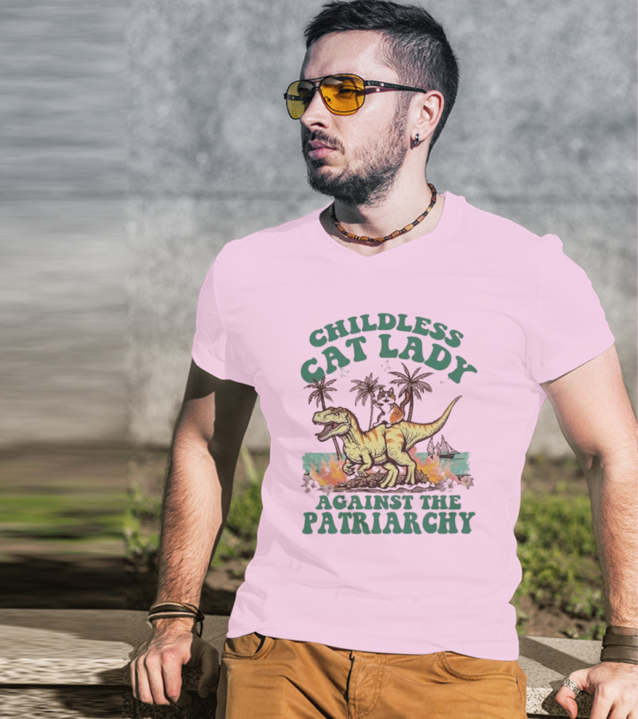 Childless Cat Lady Riding Dinosaur Against The Patriarchy With Flaming Coconut Trees T-Shirt