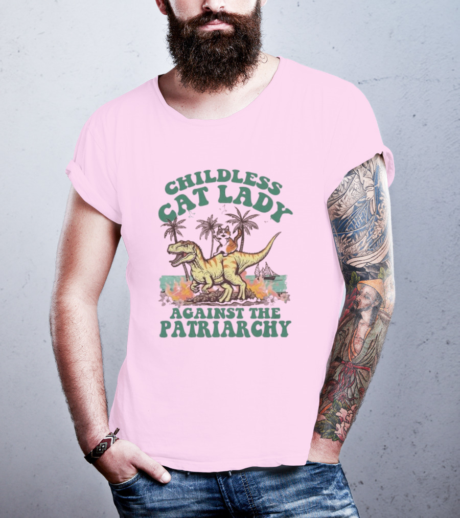 Childless Cat Lady Riding Dinosaur Against The Patriarchy With Flaming Coconut Trees T-Shirt