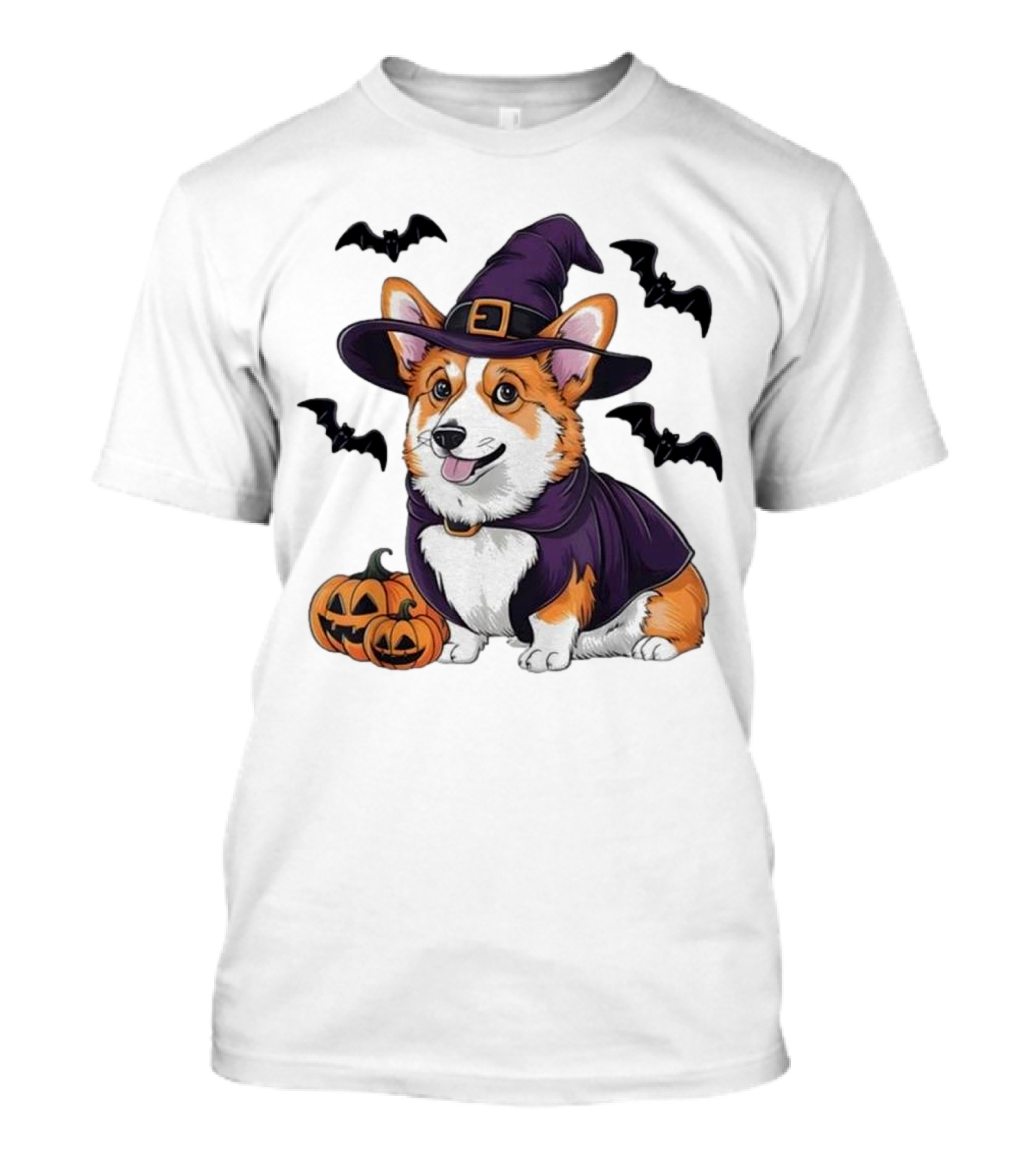 Halloween Corgi In Witch Hat With Pumpkins And Bats T-Shirt
