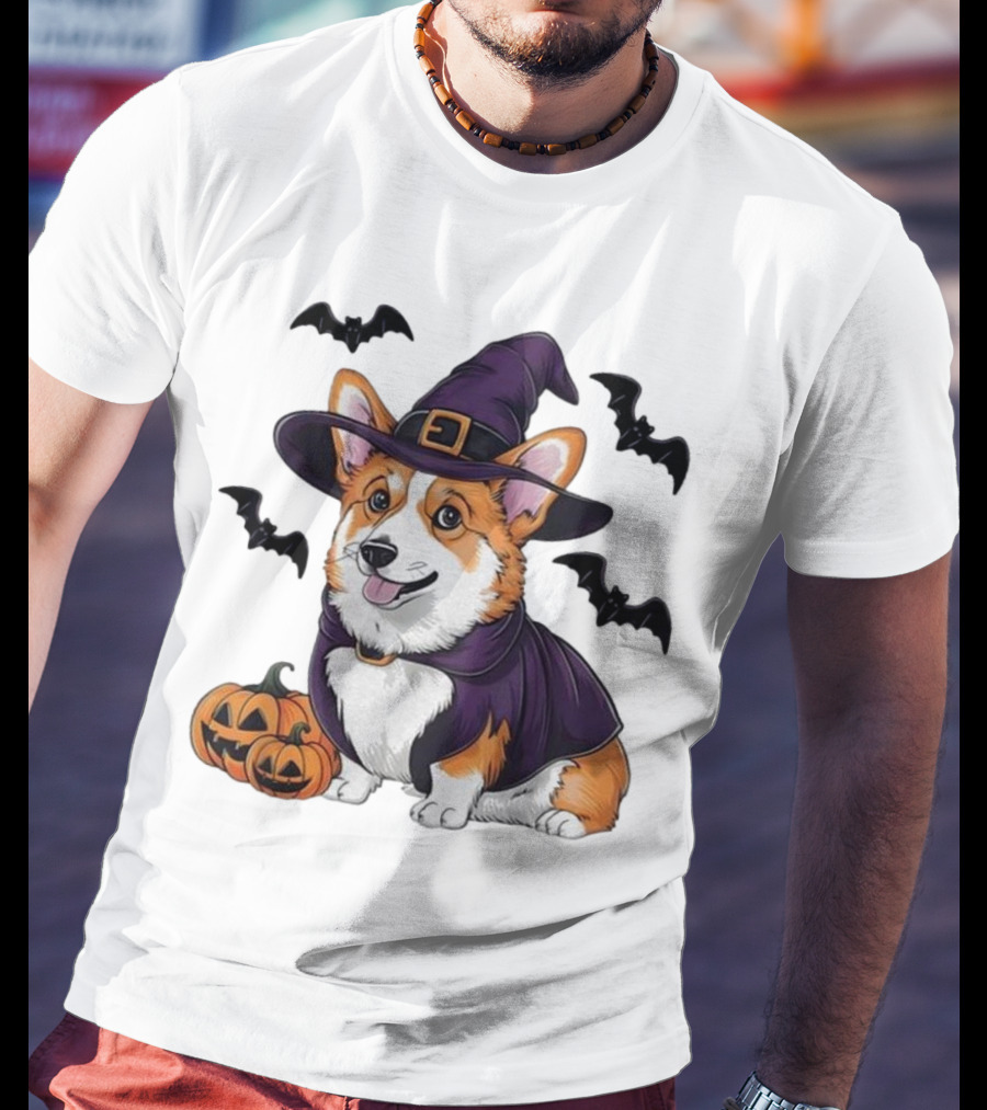 Halloween Corgi In Witch Hat With Pumpkins And Bats T-Shirt