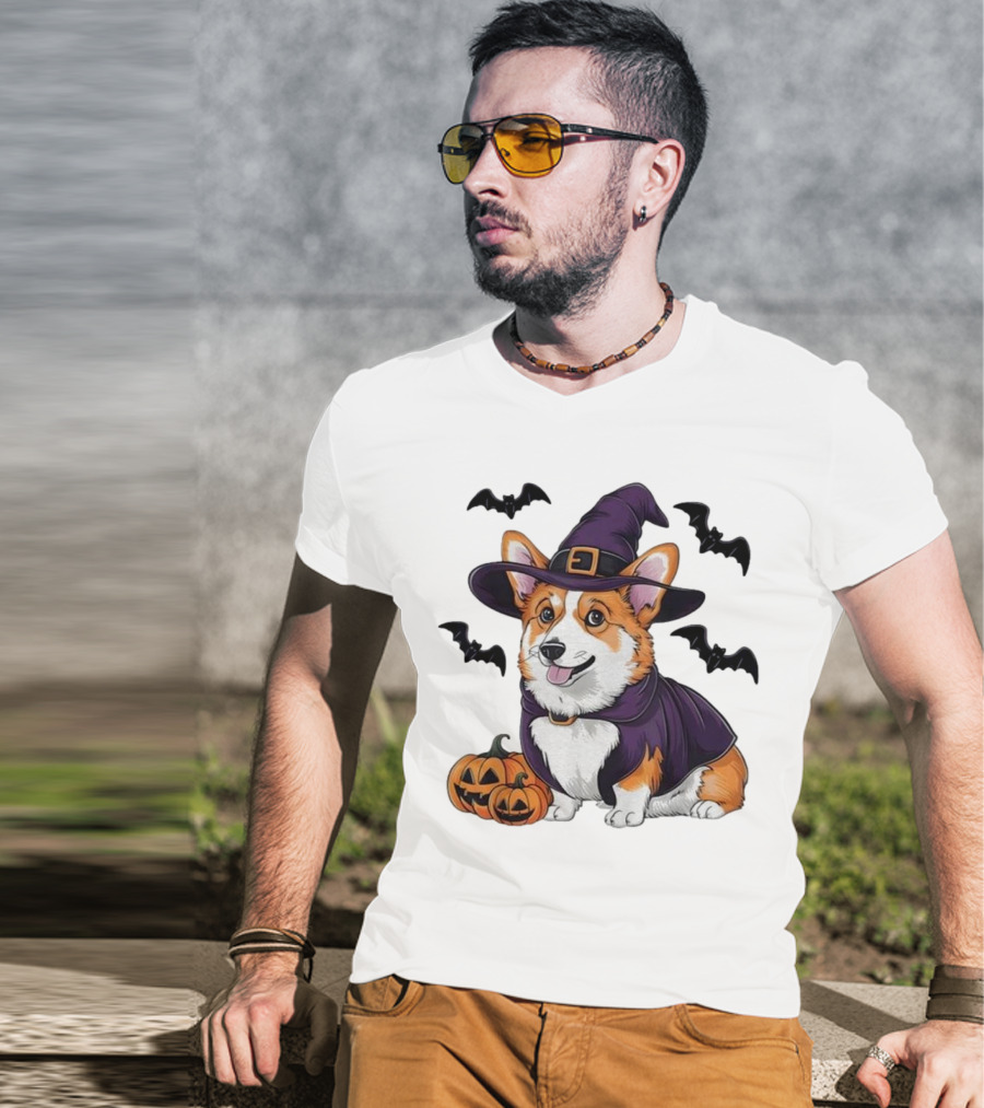 Halloween Corgi In Witch Hat With Pumpkins And Bats T-Shirt
