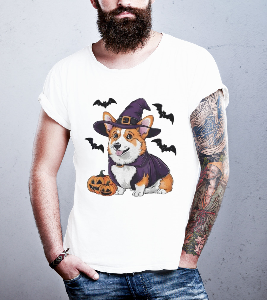 Halloween Corgi In Witch Hat With Pumpkins And Bats T-Shirt