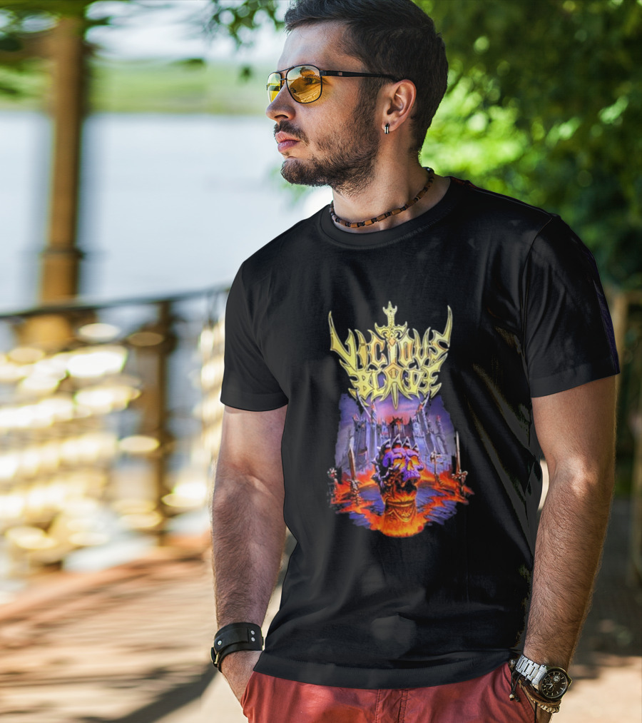Vicious Blade Skull Fortress With Flaming Swords T-Shirt