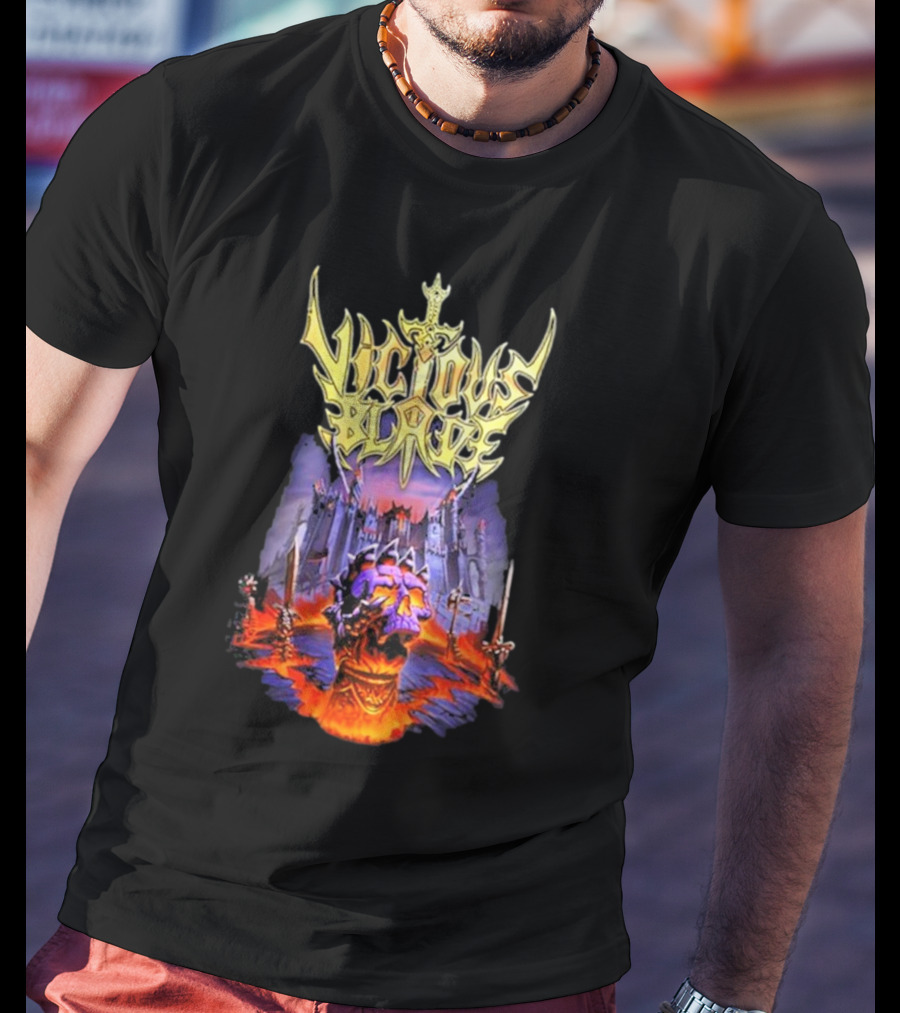 Vicious Blade Skull Fortress With Flaming Swords T-Shirt
