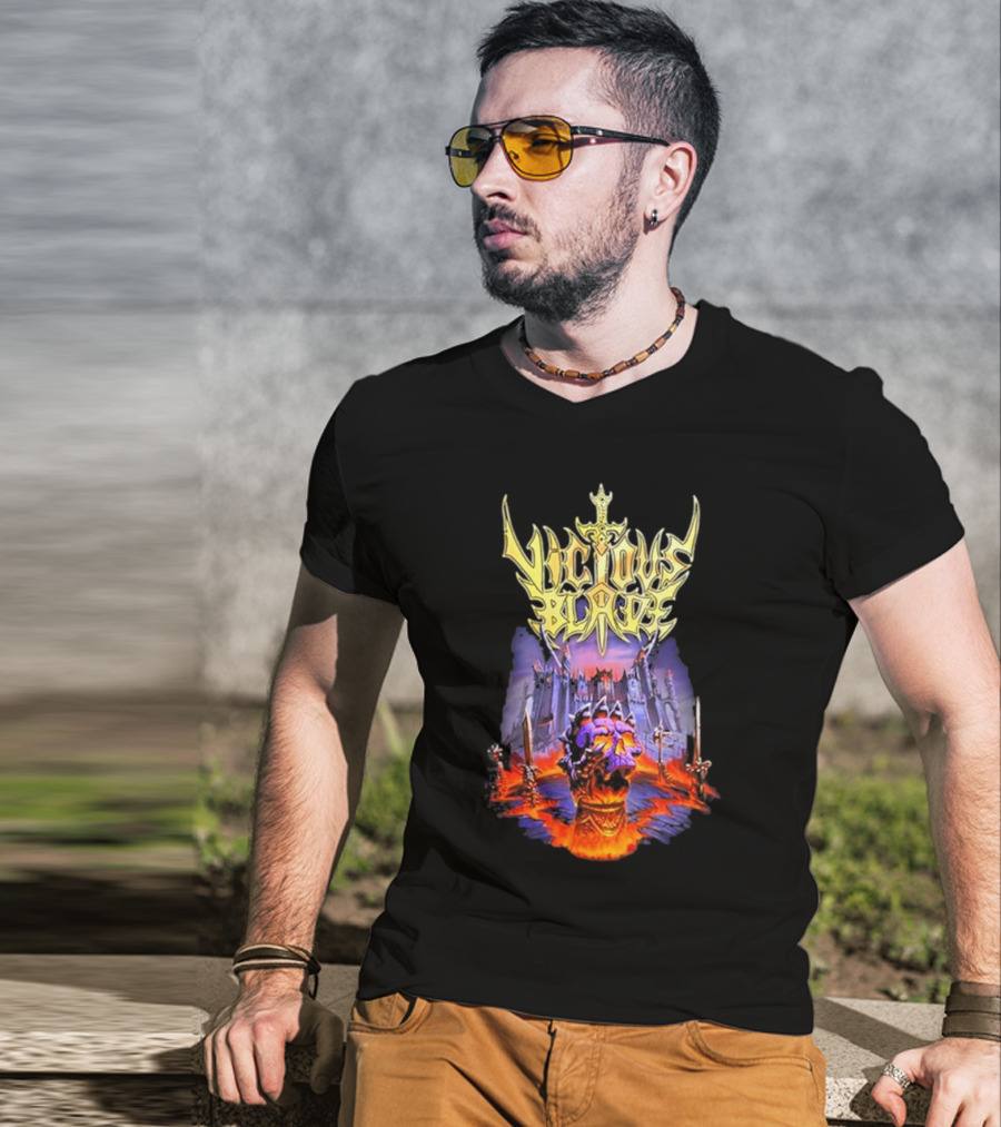 Vicious Blade Skull Fortress With Flaming Swords T-Shirt