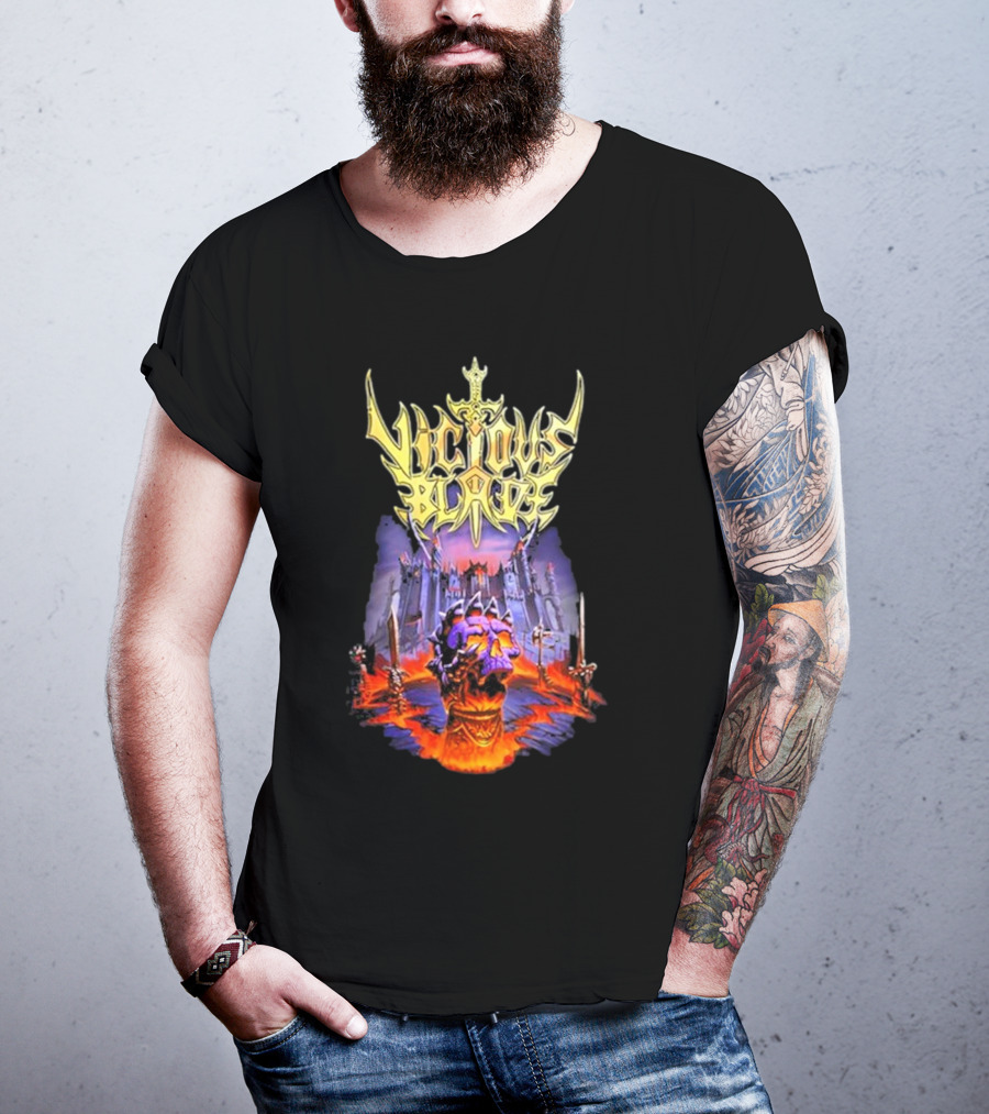 Vicious Blade Skull Fortress With Flaming Swords T-Shirt