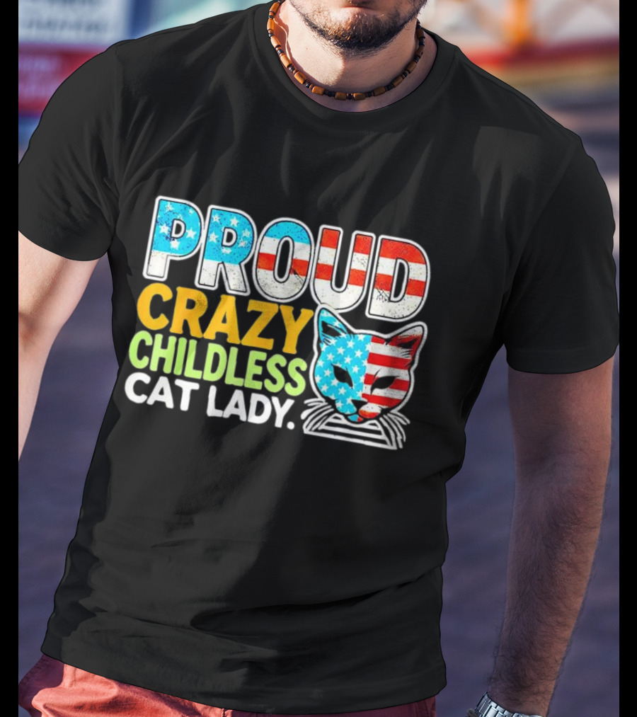 Proud Crazy Childless Cat Lady American Flag Cat Head T-Shirt