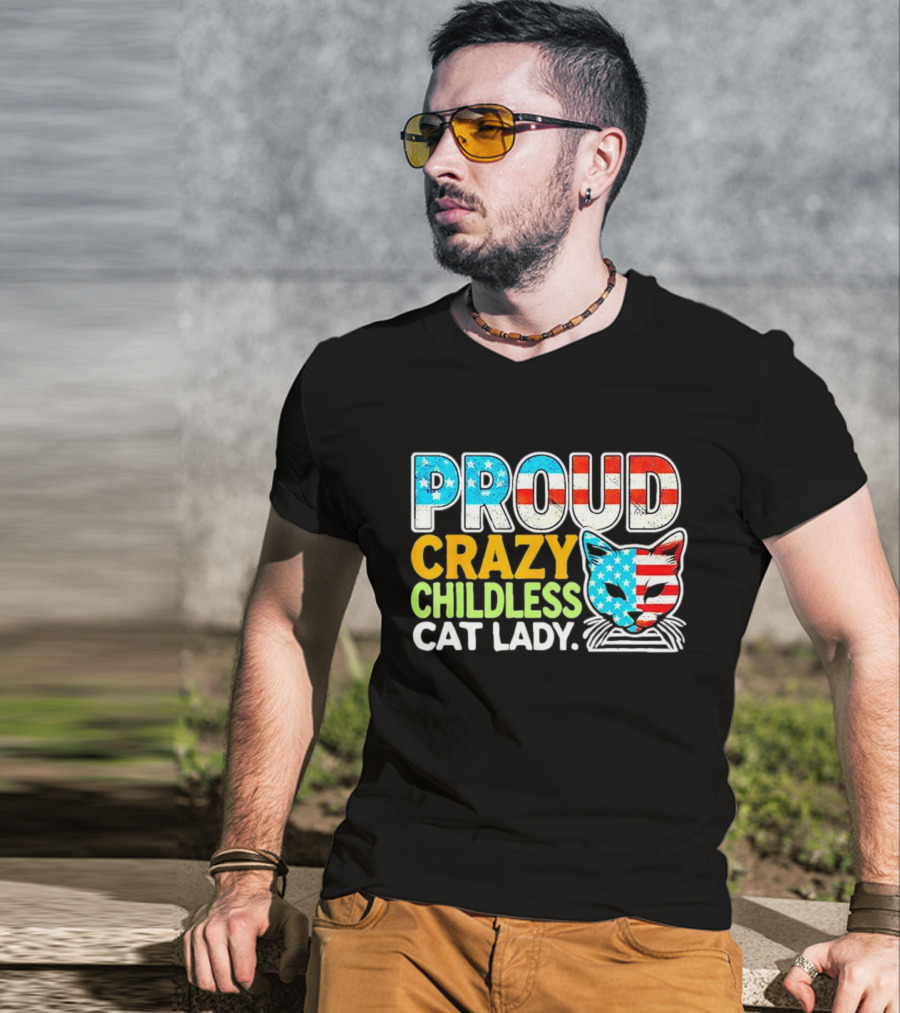 Proud Crazy Childless Cat Lady American Flag Cat Head T-Shirt
