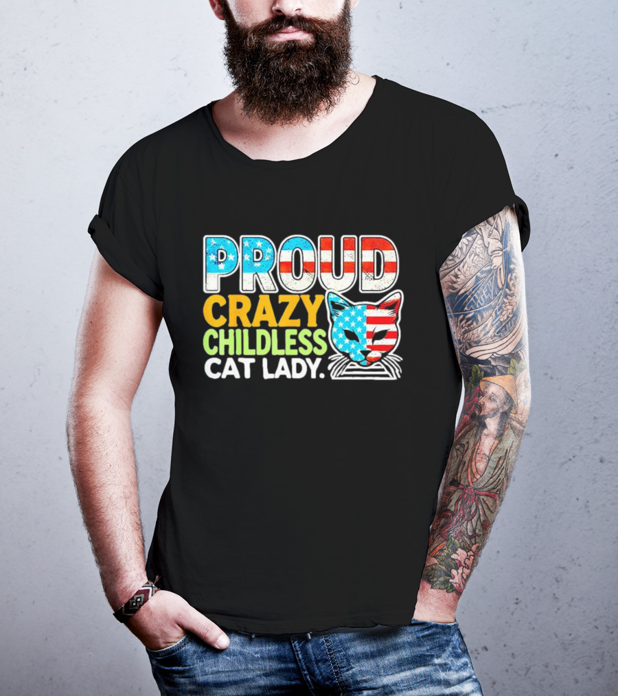 Proud Crazy Childless Cat Lady American Flag Cat Head T-Shirt