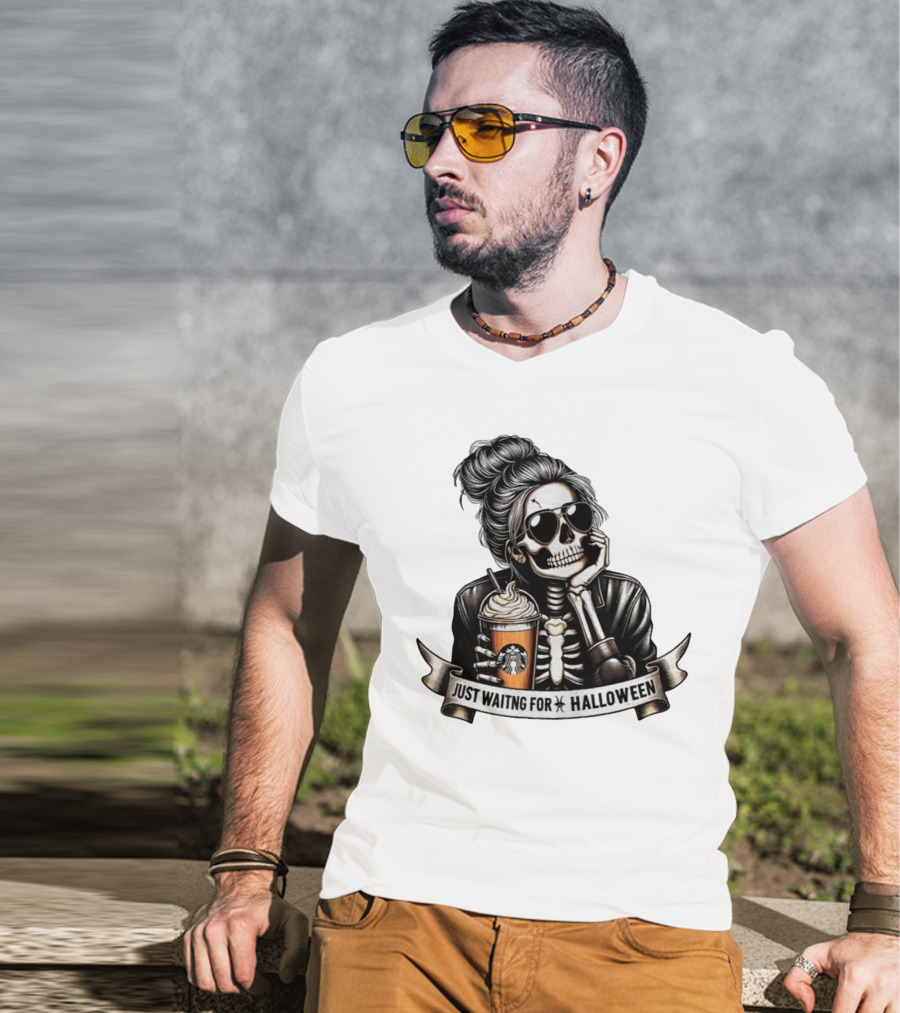 Just Waiting For Halloween Skeleton With Coffee Cup Spooky Season T-Shirt