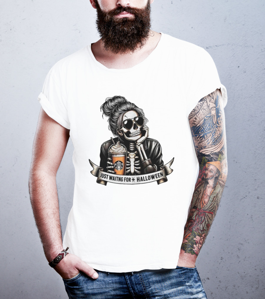 Just Waiting For Halloween Skeleton With Coffee Cup Spooky Season T-Shirt