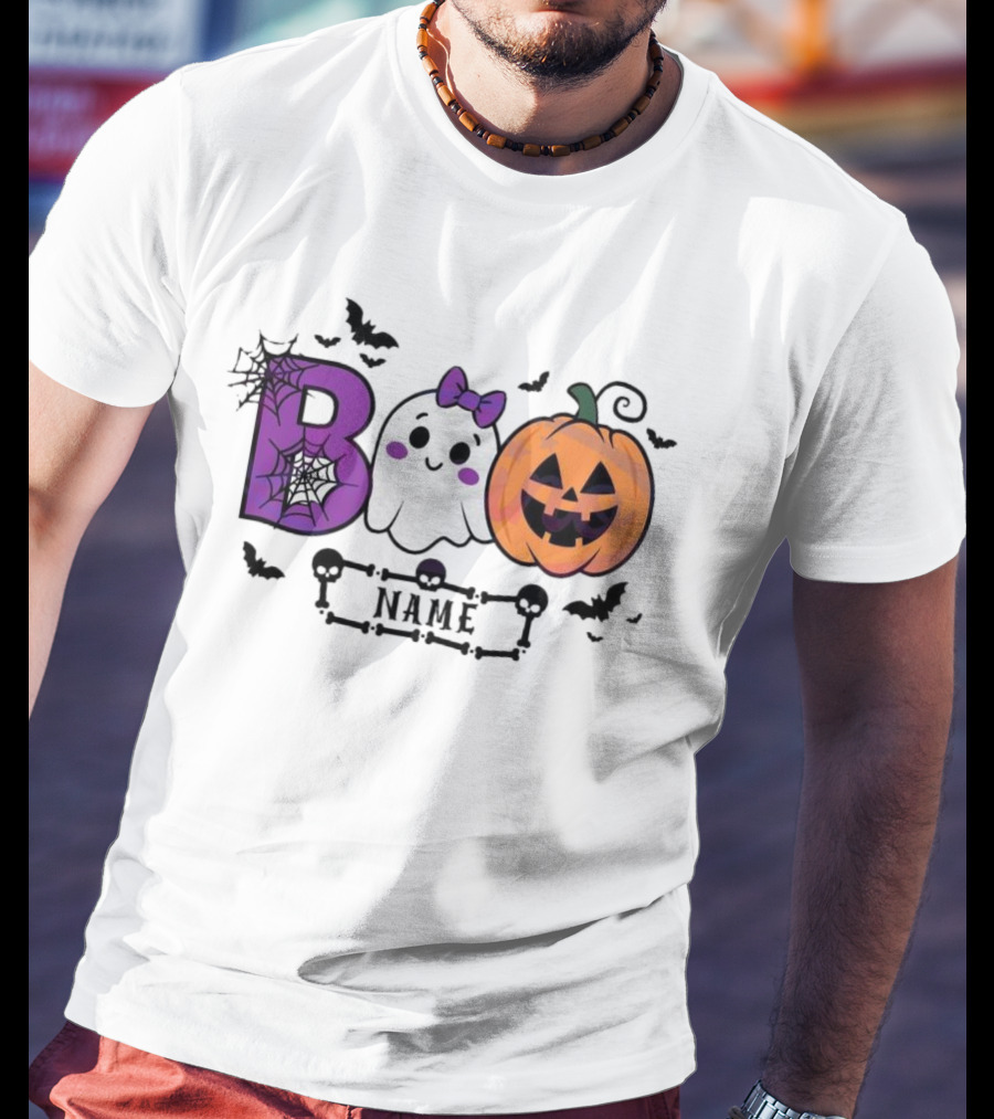 Boo Name Ghost Pumpkin Halloween Spiders Bats T-Shirt