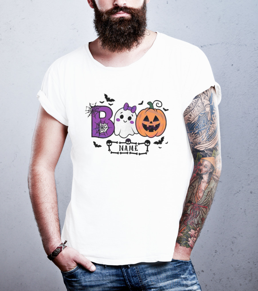 Boo Name Ghost Pumpkin Halloween Spiders Bats T-Shirt