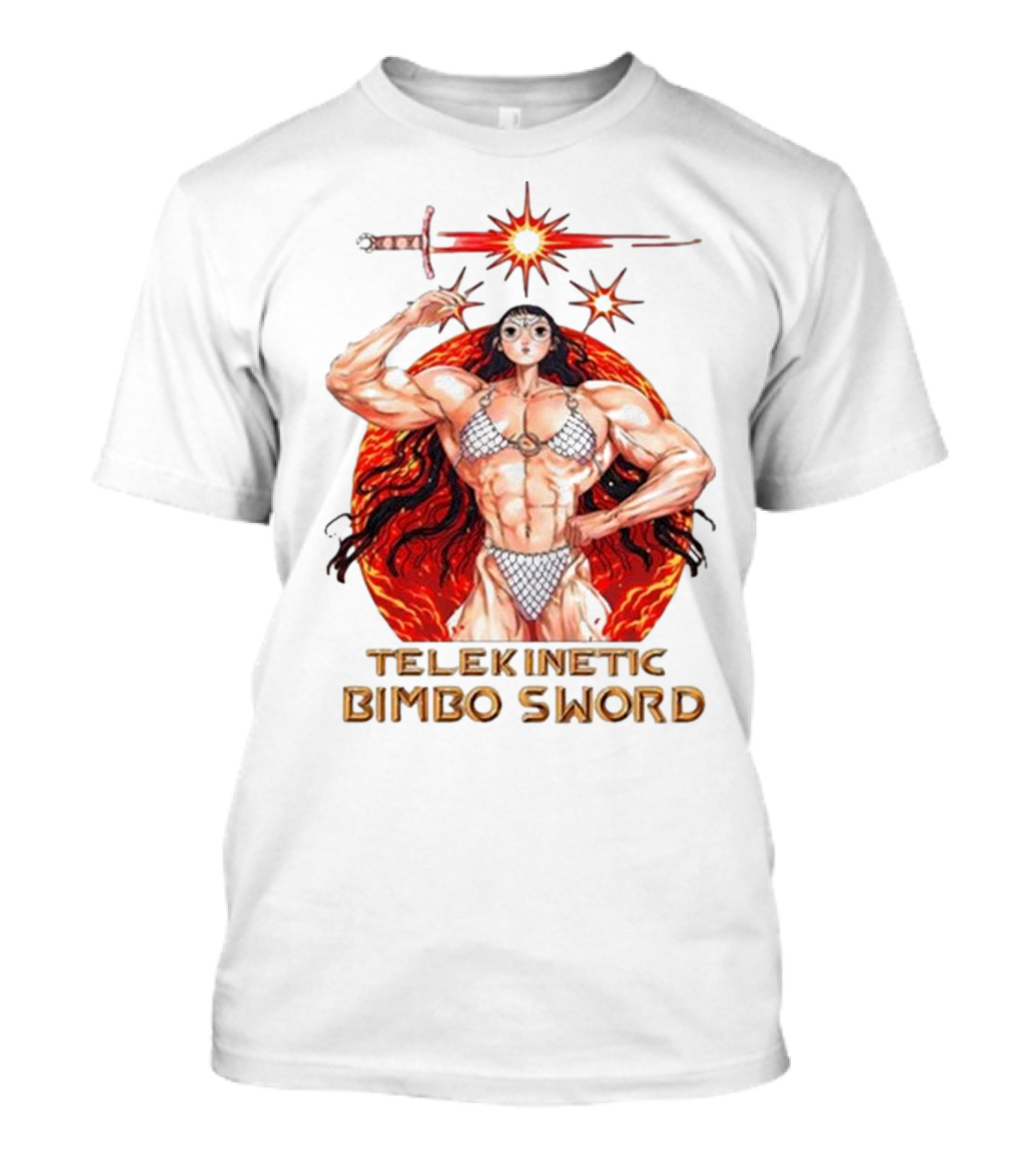 Rebecca Kirby Telekinetic Bimbo Sword Warrior With Fiery Background T-Shirt