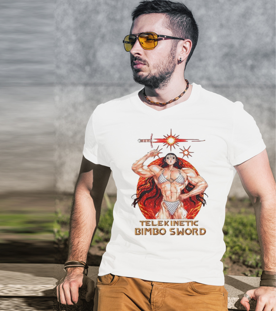 Rebecca Kirby Telekinetic Bimbo Sword Warrior With Fiery Background T-Shirt